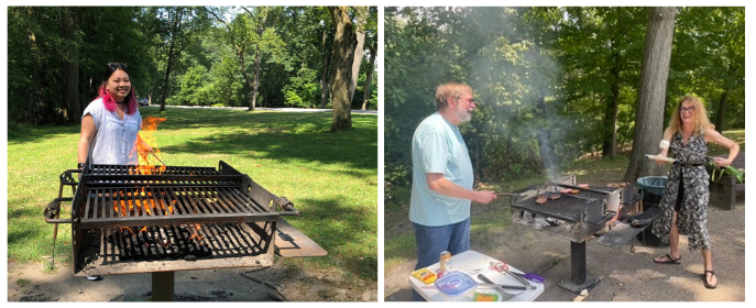 Two photos from a past Volunteer Cookout showing people at a grill in Schenley Park.